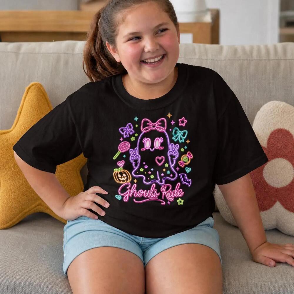 Ghouls Rule Ghost Graphic Tee Cute Neon Halloween  Shirt